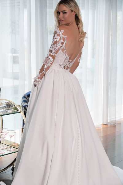 Illusion lace bodice with full crepe skirt wedding dress Melbourne Illusion lace bodice with full crepe skirt wedding dress Melbourne